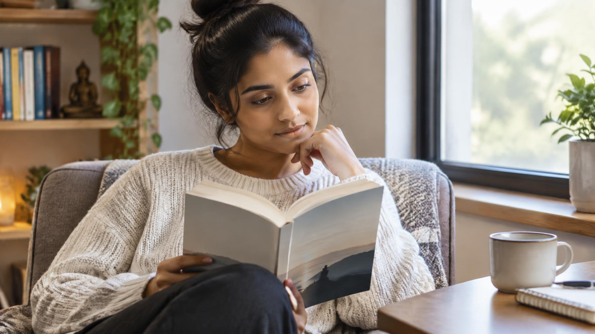 person reading self help book